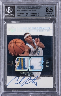 2003-04 UD "Exquisite Collection" Emblems of Endorsement #CA Carmelo Anthony Signed Game Used Patch Rookie Card (#07/15) – BGS NM-MT+ 8.5/BGS 9